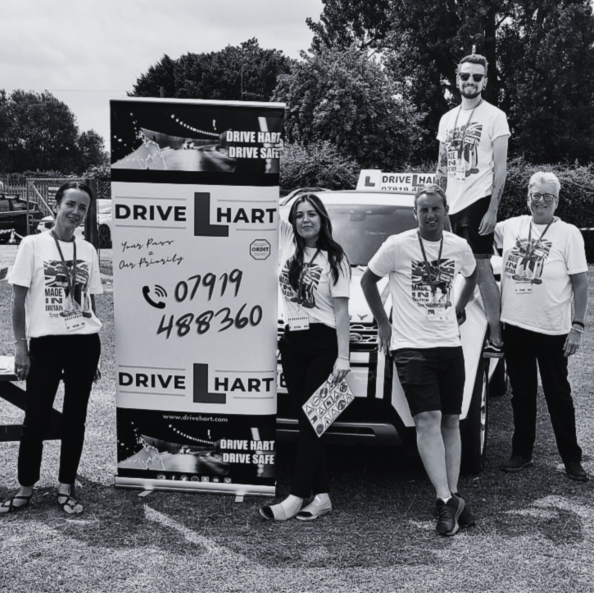 black and white team photo at event